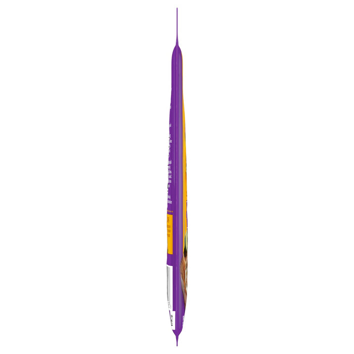 A side view of the slim purple and yellow pouch containing Cholula Mild Pork Carnitas Seasoning Mix 1.3 Oz showing the thin profile of the packaging.