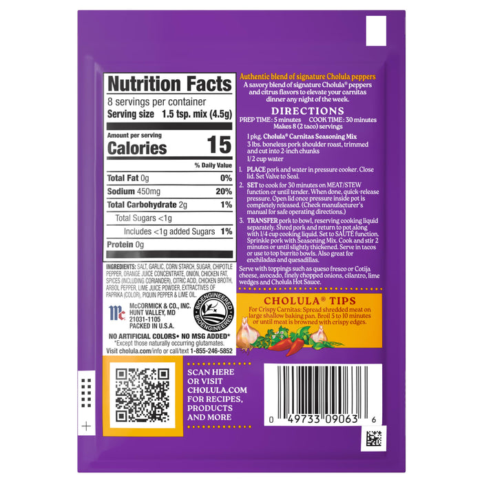 The back of a purple packet of Cholula Mild Pork Carnitas Seasoning Mix 1.3 Oz displays nutrition facts, ingredients, and pressure cooker directions for making carnitas.