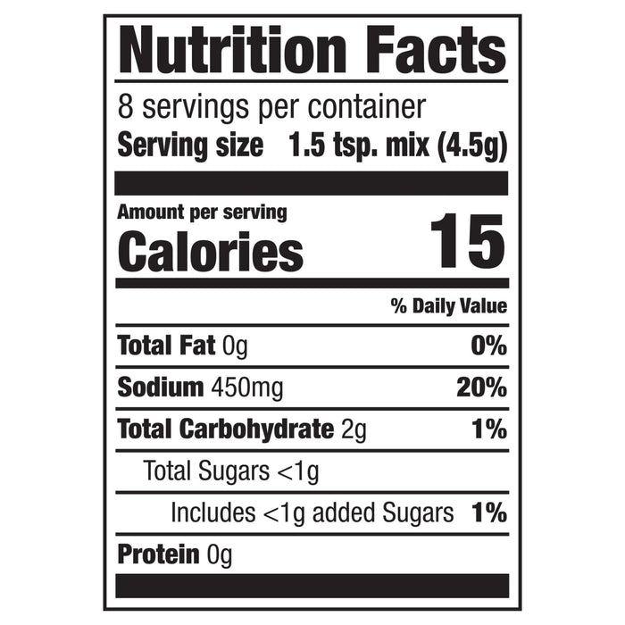 A nutrition facts infographic for Cholula Mild Pork Carnitas Seasoning Mix 1.3 Oz showing 15 calories and 450 milligrams of sodium per serving.