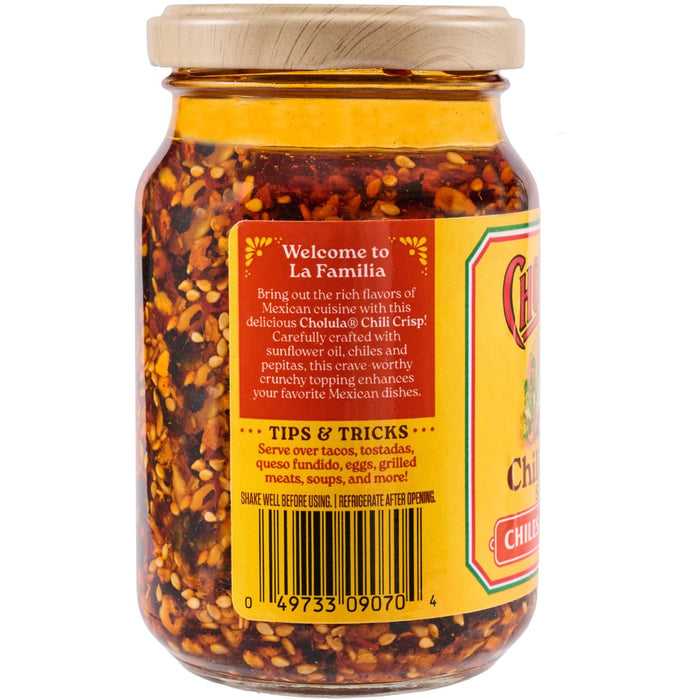 This is a jar of Cholula Chili Crisp, a Mexican cuisine topping made with sunflower oil, chiles, and pepitas.