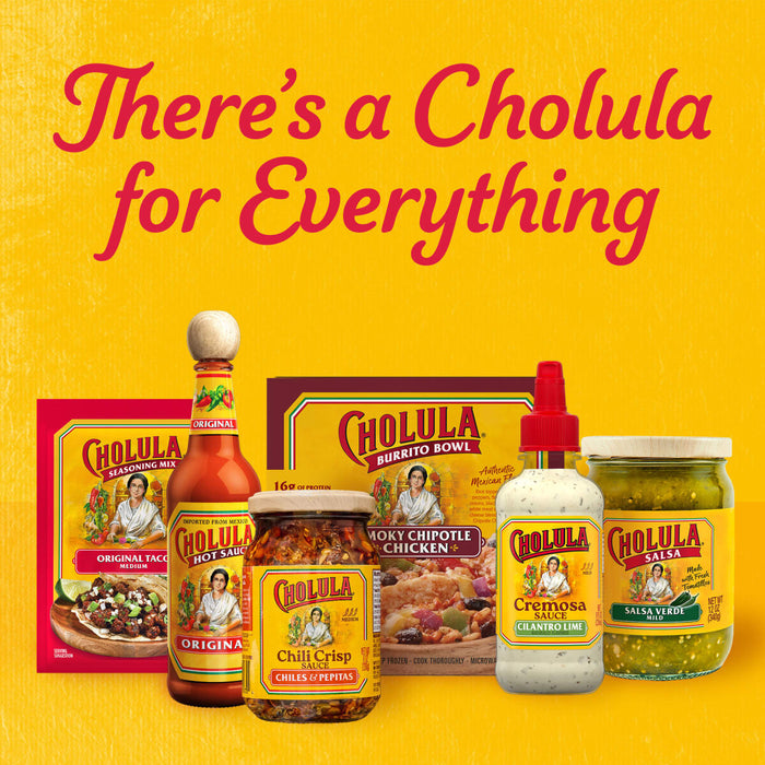 A variety of Cholula products are displayed under the text Theres a Cholula for Everything.