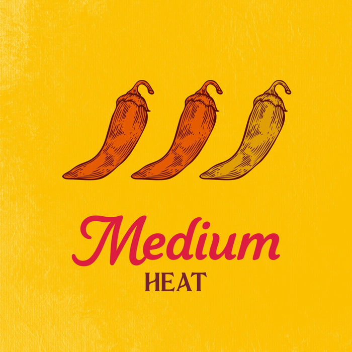 This illustration depicts three chili peppers in varying shades of orange and yellow accompanied by the text Medium Heat indicating the spice level of a product.