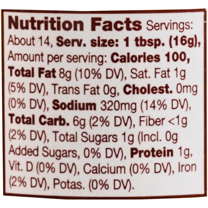 Nutrition facts label showing that one tablespoon contains 100 calories, 8g of total fat, and 1g of protein.
