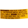 The image shows a list of ingredients including high oleic sunflower oil, chili peppers, garlic, sesame seed, pumpkin seed, sunflower seed, salt, onion, spices, and natural flavor.
