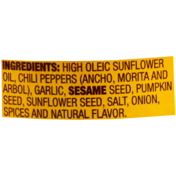 The image shows a list of ingredients including high oleic sunflower oil, chili peppers, garlic, sesame seed, pumpkin seed, sunflower seed, salt, onion, spices, and natural flavor.