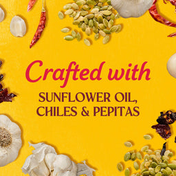 The image showcases the ingredients used in the product including sunflower oil chiles and pepitas set against a vibrant yellow background.