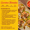 A recipe card for Carnitas Tostadas lists ingredients including McCormick spices and Cholula sauces, with the finished tostadas shown on the right, featuring Cholula Chili Crisp 8 Oz as a key component.