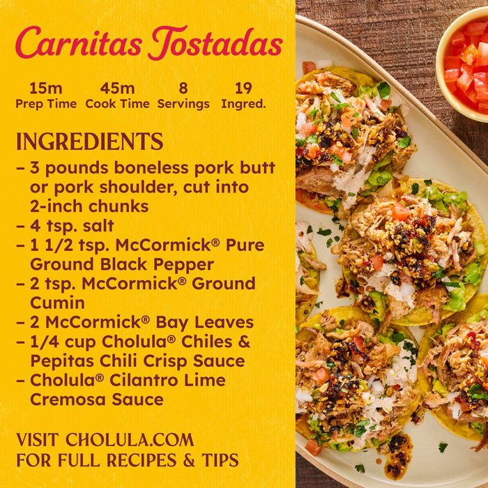 A recipe card for Carnitas Tostadas lists ingredients including McCormick spices and Cholula sauces, with the finished tostadas shown on the right, featuring Cholula Chili Crisp 8 Oz as a key component.