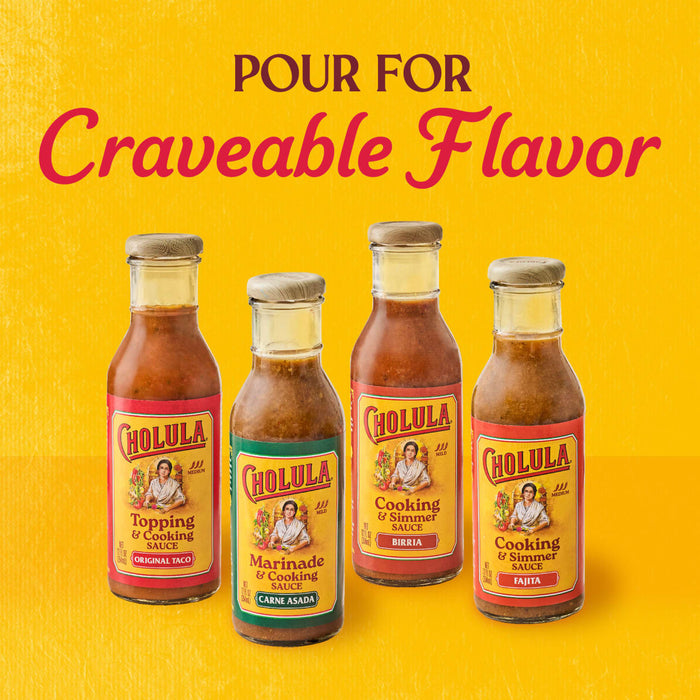 Four bottles of Cholula sauces including Original Taco Carne Asada Birria and Fajita are displayed against a yellow background with the text Pour For Craveable Flavor.