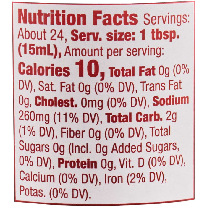 A nutrition facts label shows that one tablespoon serving contains 10 calories, 0g of fat, 260mg of sodium, and 2g of carbohydrates.