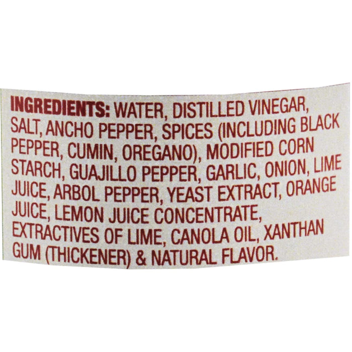 The image shows the ingredient list of a food product, including water, distilled vinegar, salt, ancho pepper, spices, modified corn starch, and other natural flavors.
