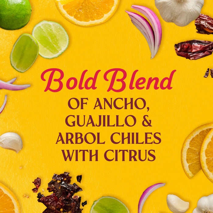 This image features the text Bold Blend of Ancho Guajillo &amp; Arbol Chiles with Citrus surrounded by limes oranges red onions garlic and dried chiles.