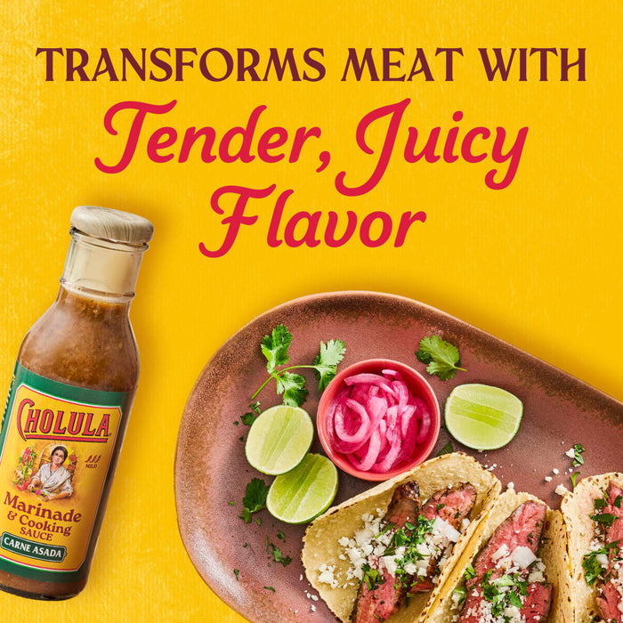A bottle of Cholula Carne Asada Marinade &amp; Cooking Sauce is featured alongside a plate of tacos with lime and pickled onions with the text Transforms Meat With Tender Juicy Flavor above.