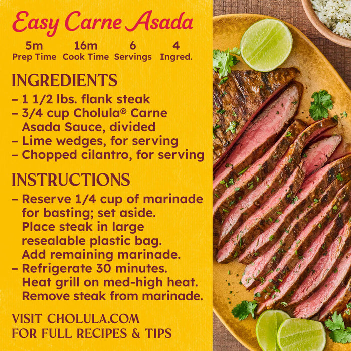 This image shows a recipe for Carne Asada Tacos, listing ingredients including Cholula brand sauces and flank steak, alongside a plate of sliced carne asada garnished with lime and cilantro.