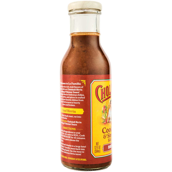 A bottle of Cholula Birria Cooking &amp; Simmer Sauce, perfect for adding rich, bold flavors to your favorite dishes.