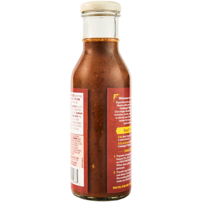 A bottle of Cholula Cooking &amp; Simmer Sauce with a recipe for Beef Birria on the label.
