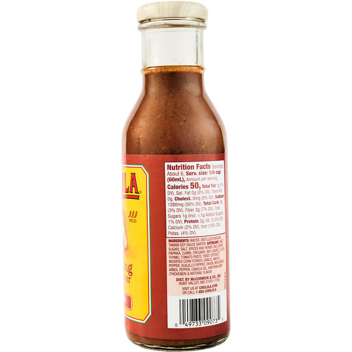 A bottle of Cholula Chili Garlic Sauce with nutrition facts and ingredients listed on the label.