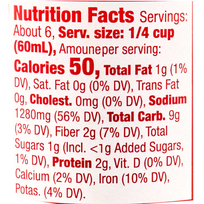 Nutrition facts label showing that one serving contains 50 calories, 1 gram of total fat, and 1280 milligrams of sodium.