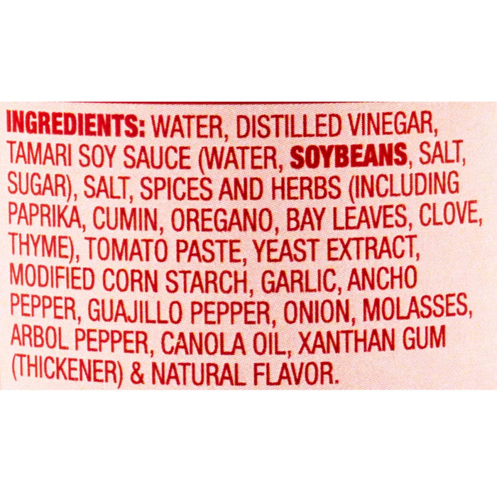 The image shows the ingredient list for a food product, including water, distilled vinegar, tamari soy sauce, and various spices and herbs.
