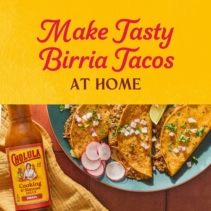 A bottle of Cholula Birria Cooking &amp; Simmer Sauce is featured next to a plate of birria tacos with the text Make Tasty Birria Tacos at Home above.