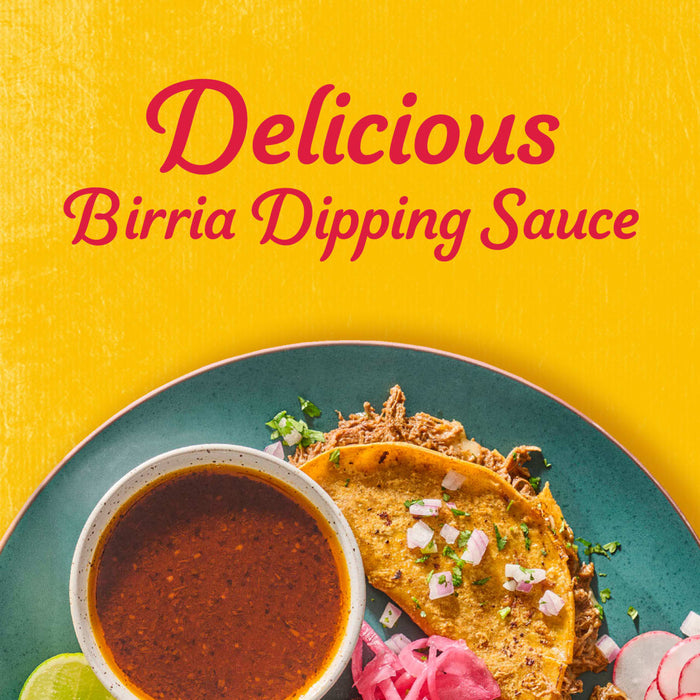 A plate of birria tacos with a side of dipping sauce is shown advertising the delicious birria dipping sauce.