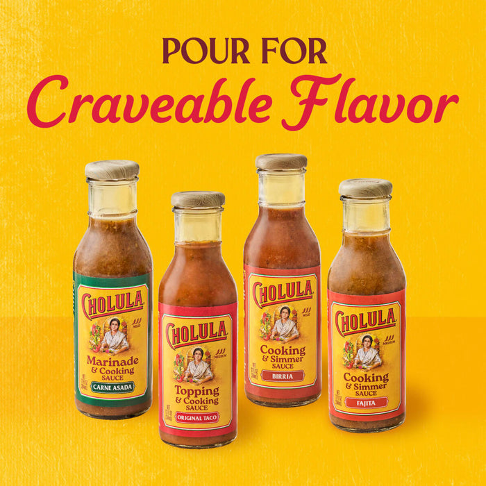 Four bottles of Cholula cooking and simmer sauces in different flavors are displayed against a yellow background.