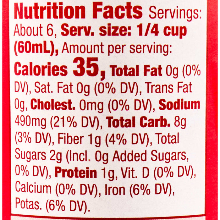 This is a nutrition facts label showing that one serving contains 35 calories, 0g of total fat, 490mg of sodium, and 8g of total carbohydrates.