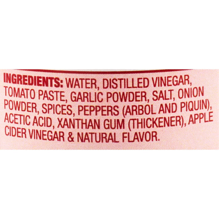 The image shows the ingredient list for a food product, including water, distilled vinegar, tomato paste, garlic powder, salt, onion powder, spices, peppers, acetic acid, xanthan gum, apple cider vinegar, and natural flavor.