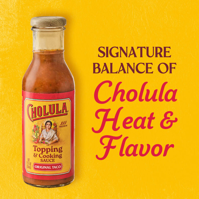 A bottle of Cholula Original Taco hot sauce is displayed next to the text Signature Balance of Cholula Heat &amp; Flavor.