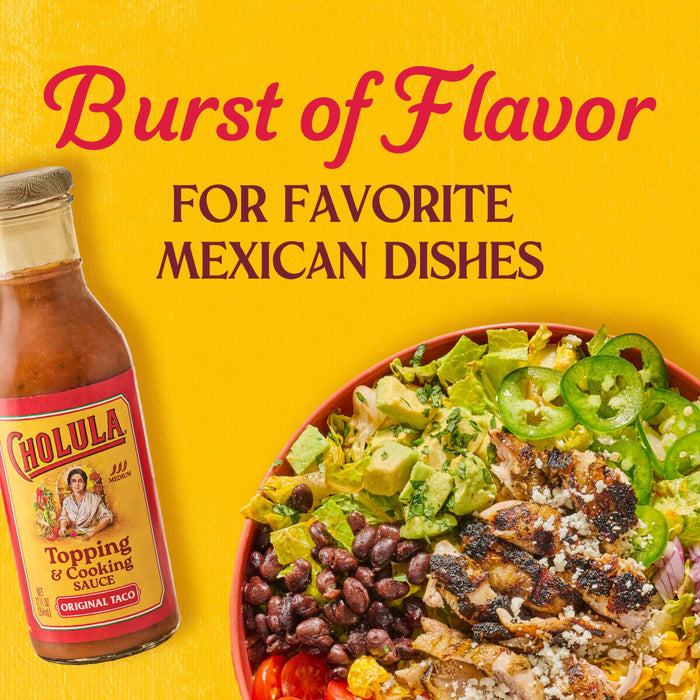 A bottle of Cholula Original Taco sauce is displayed next to a vibrant Mexican salad under the text Burst of Flavor for Favorite Mexican Dishes.