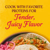 A taco filled with tender juicy protein and pickled onions is displayed against a yellow background with the text Cook with favorite proteins for Tender Juicy Flavor.