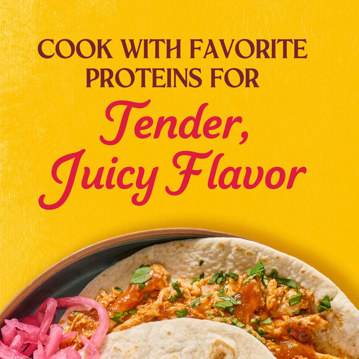 A taco filled with tender juicy protein and pickled onions is displayed against a yellow background with the text Cook with favorite proteins for Tender Juicy Flavor.