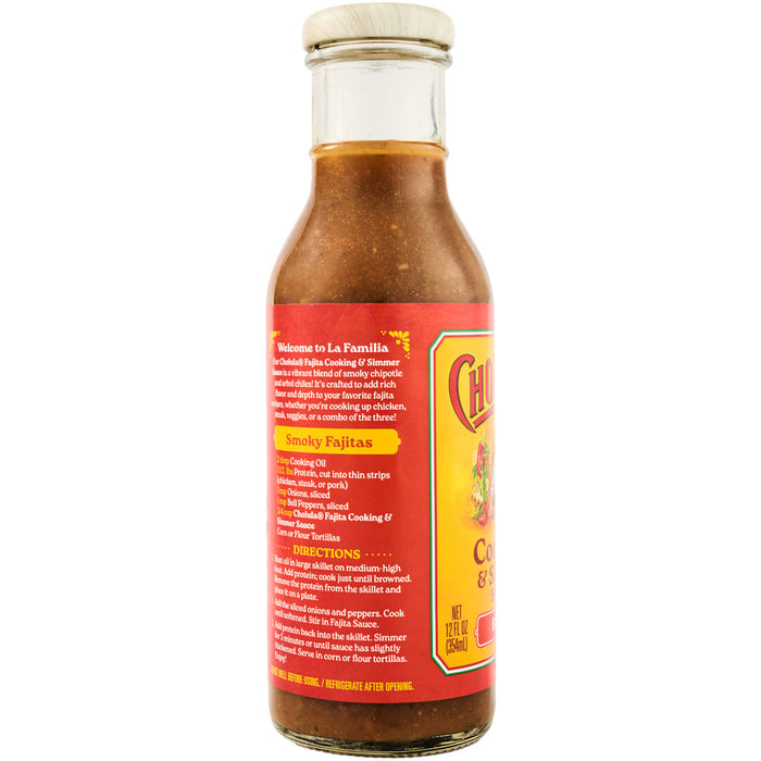 A bottle of Cholula Fajita Cooking &amp; Simmer Sauce with a recipe for Smoky Fajitas on the label.