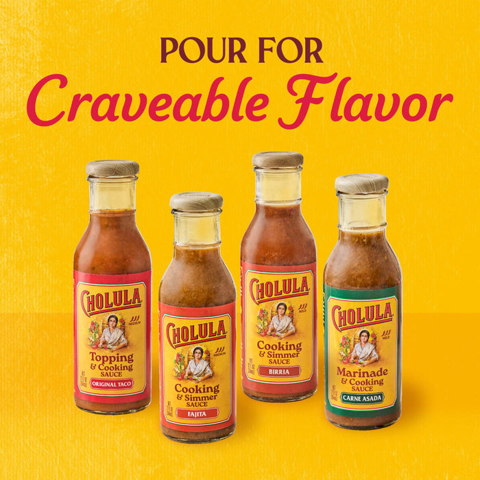Four bottles of Cholula brand sauces including Original Taco Fajita Birria and Carne Asada are displayed against a yellow background with the text Pour For Craveable Flavor.