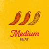Illustration of three chili peppers with the text Medium Heat indicating the spice level.