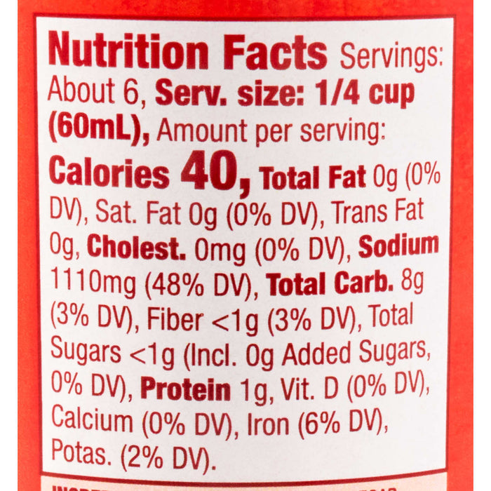 Nutrition facts label showing that one serving contains 40 calories, 0g of total fat, 1110mg of sodium, 8g of total carbohydrates, and 1g of protein.
