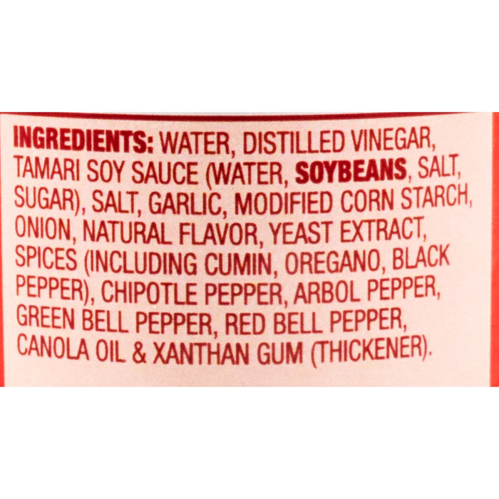 The image shows the ingredient list for a food product, including water, distilled vinegar, tamari soy sauce, and various spices.