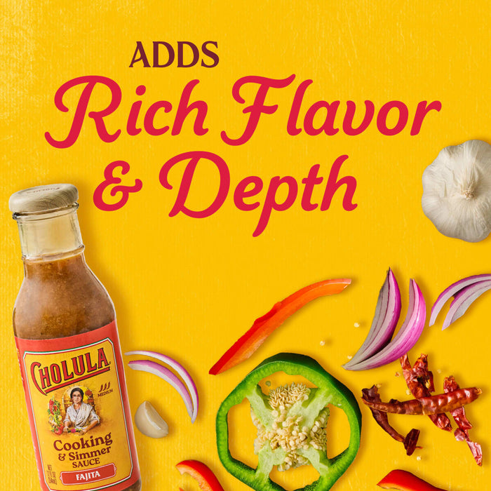 A bottle of Cholula Fajita Cooking &amp; Simmer Sauce is surrounded by fresh ingredients like peppers onions and garlic with the text ADDS Rich Flavor &amp; Depth above.