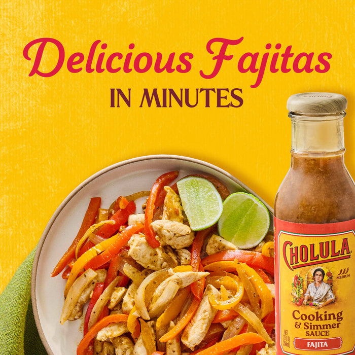 A plate of delicious fajitas with Cholula Cooking &amp; Simmer Sauce ready in minutes.