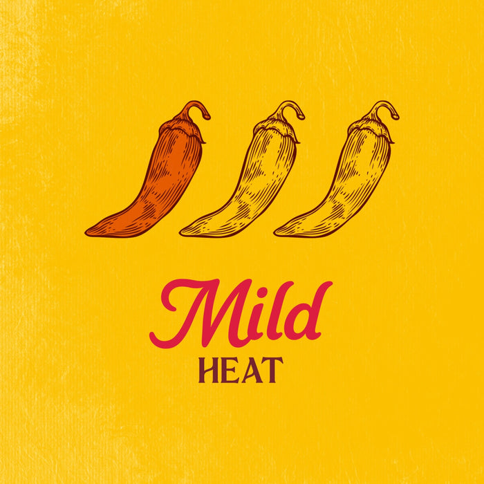 An illustration of three chili peppers with the text Mild Heat indicating a low level of spiciness.