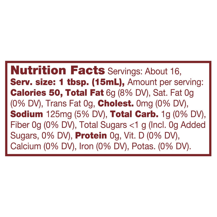 Nutrition facts label showing the nutritional information for a serving size of 1 tablespoon (15mL), including calories, total fat, saturated fat, trans fat, cholesterol, sodium, total carbohydrates, fiber, total sugars, protein, vitamin D, calcium, iron, and potassium.