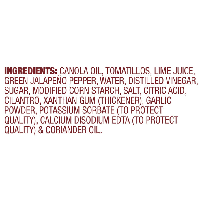 The image shows the ingredients list for a food product, including canola oil, tomatillos, lime juice, and green jalapeA?o pepper.