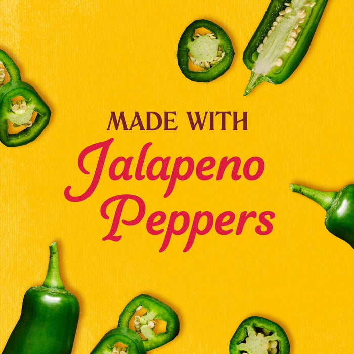 The image features the text Made With Jalapeno Peppers surrounded by fresh jalapeno peppers on a vibrant yellow background.