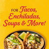 A plate of tacos enchiladas soups and more is displayed against a yellow background.