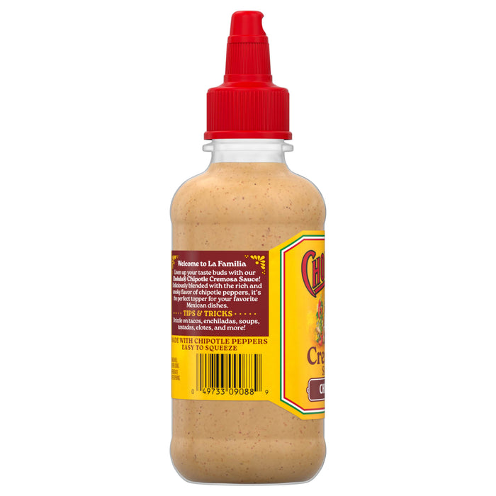 A bottle of Cholula Chipotle Cremosa Sauce with a red cap and a label that describes the sauce and suggests uses.