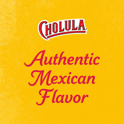 Cholulas logo is displayed above the words Authentic Mexican Flavor on a yellow background.