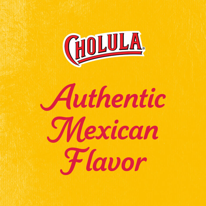 Cholulas logo is displayed above the words Authentic Mexican Flavor on a yellow background.