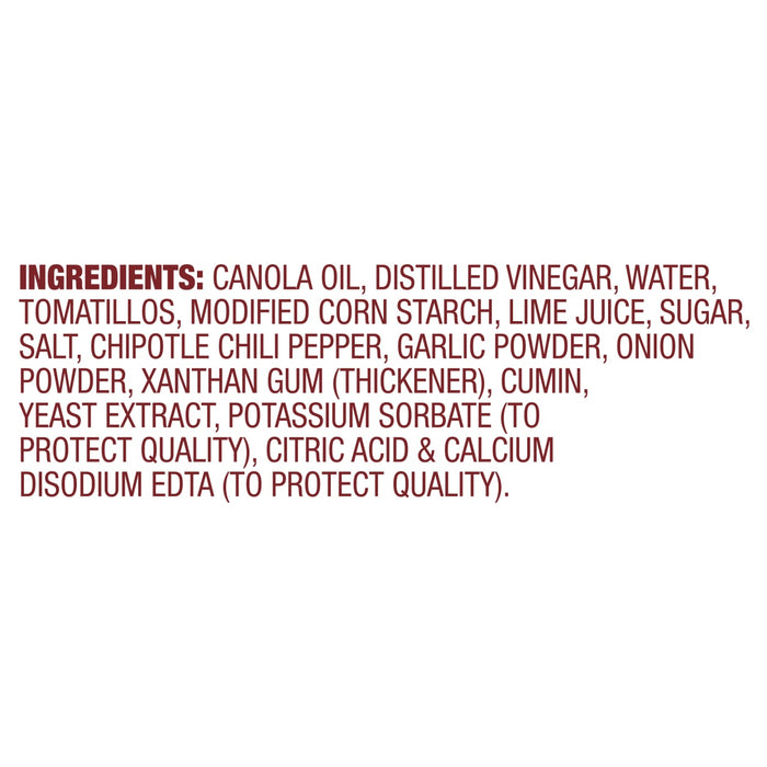 The image lists the ingredients of a food product, including canola oil, distilled vinegar, tomatillos, and various spices and preservatives.