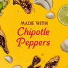 The image displays the text Made with Chipotle Peppers surrounded by ingredients such as chipotle peppers garlic and lime.
