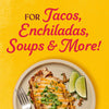 A plate of enchiladas with lime wedges and a fork with text above that reads For Tacos Enchiladas Soups &amp; More!